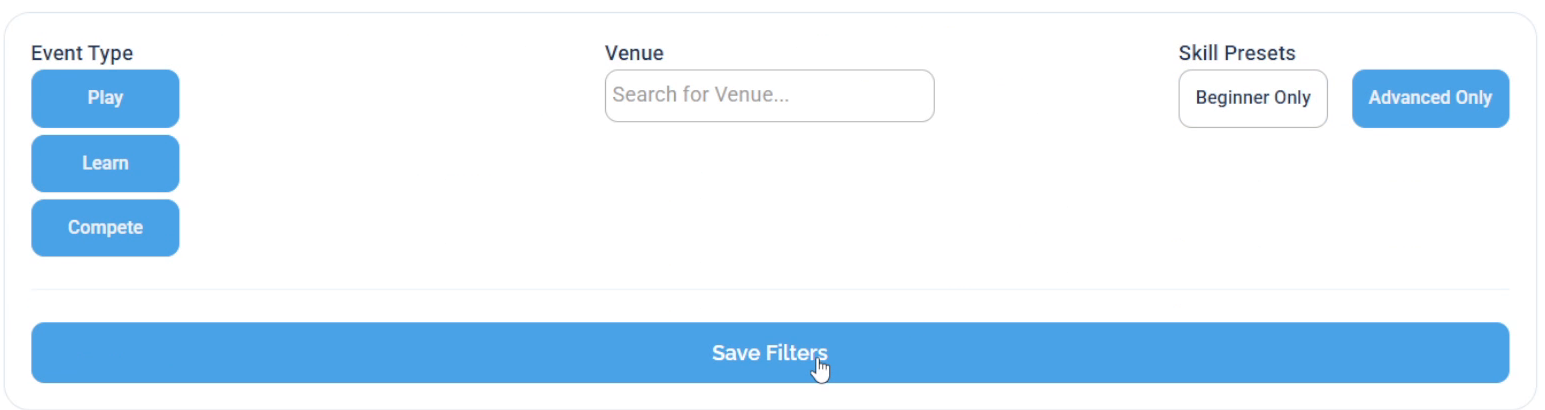 The filter panel with Advanced Only selected and highlighted in the Skill Presets section, and a blue Save Filters button across the bottom