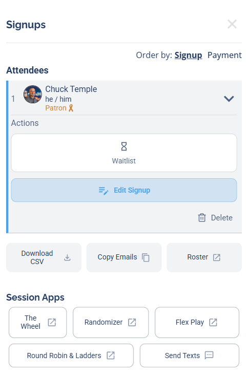 The attendee Actions menu with the Waitlist button, alongside Edit Signup and Delete