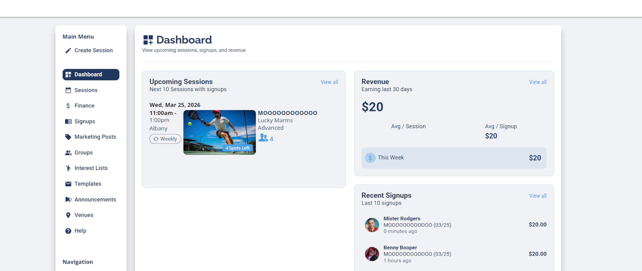 DailyPB Dashboard showing upcoming sessions and revenue