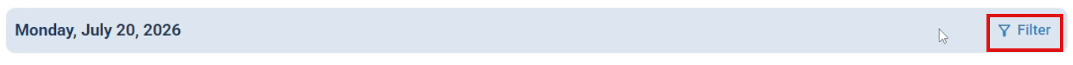 The Home page date bar reading Monday, July 20, 2026 with the Filter button highlighted on the right side