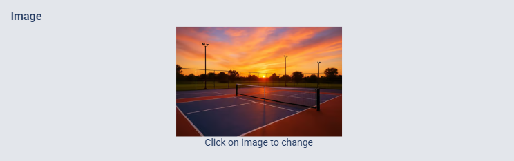 The Image control at the top of the Audience & Display section, with the current event photo and a "Click on image to change" caption