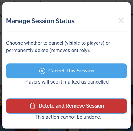 The Manage Session Status window, with a Cancel This Session option and a Delete and Remove Session option