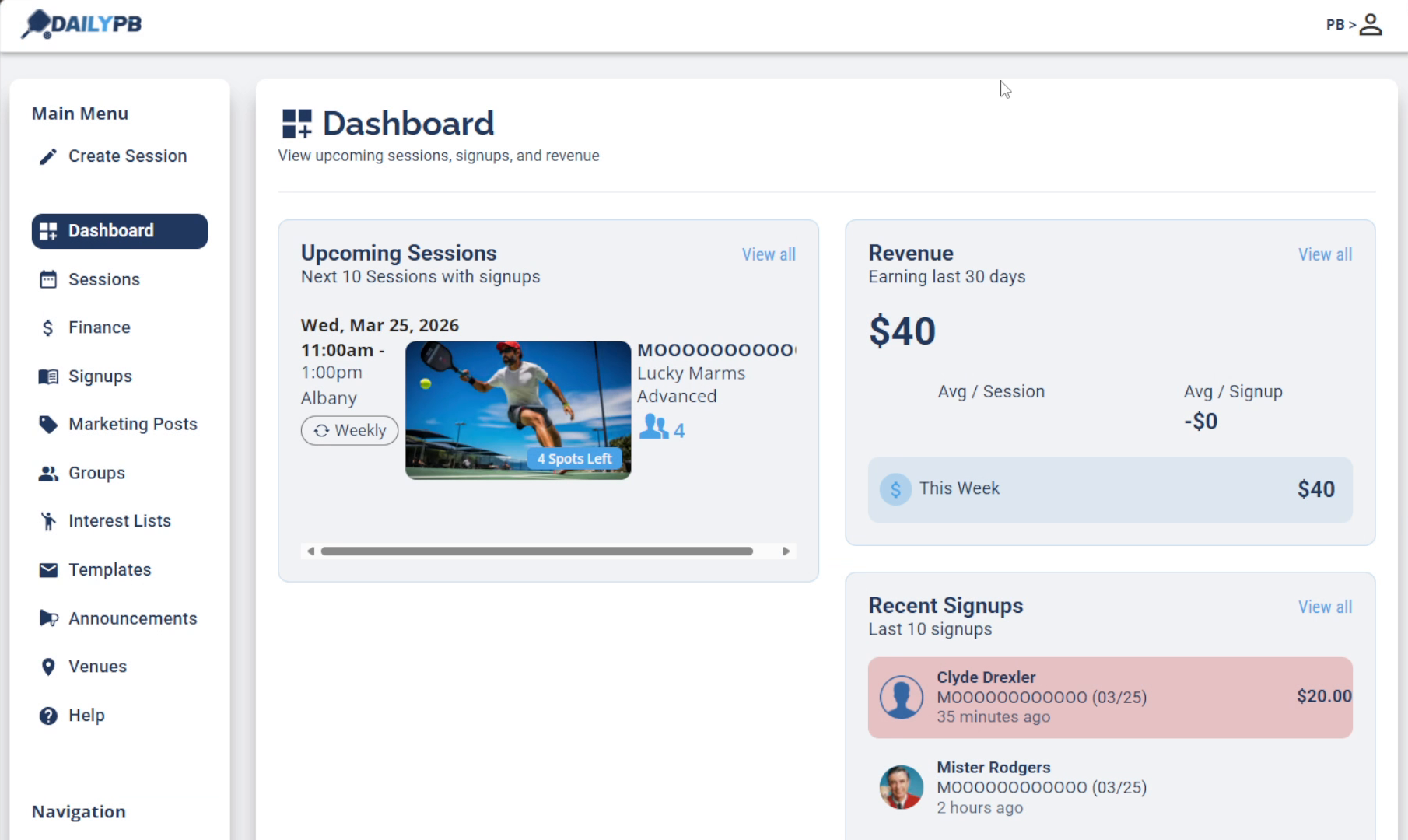 Host Dashboard with a removed player highlighted in pink/red in the Recent Signups section