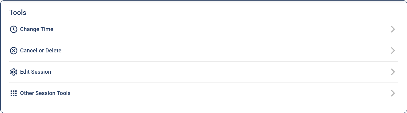 The Tools section of a session showing Change Time, Cancel or Delete, Edit Session, and Other Session Tools