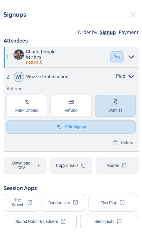 The attendee actions menu showing payment, Waitlist, Edit Signup, and Delete options