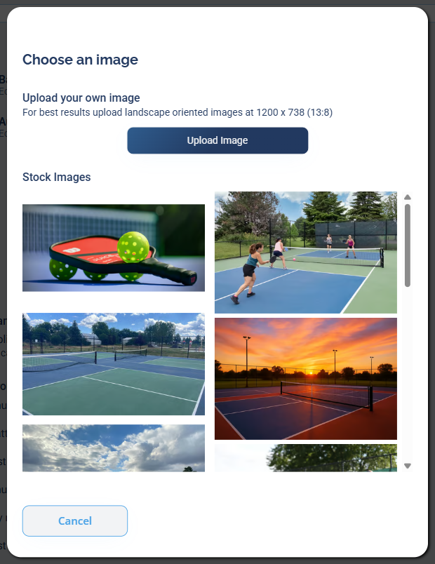 The Choose an image window, with an Upload Image button and a grid of stock pickleball images to choose from