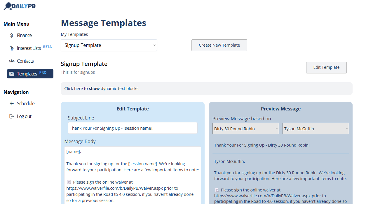 The Templates editor showing a signup template's Message Body with a "Please sign the online waiver at https://www.waiverfile.com/..." link, and the Preview Message panel showing the same text