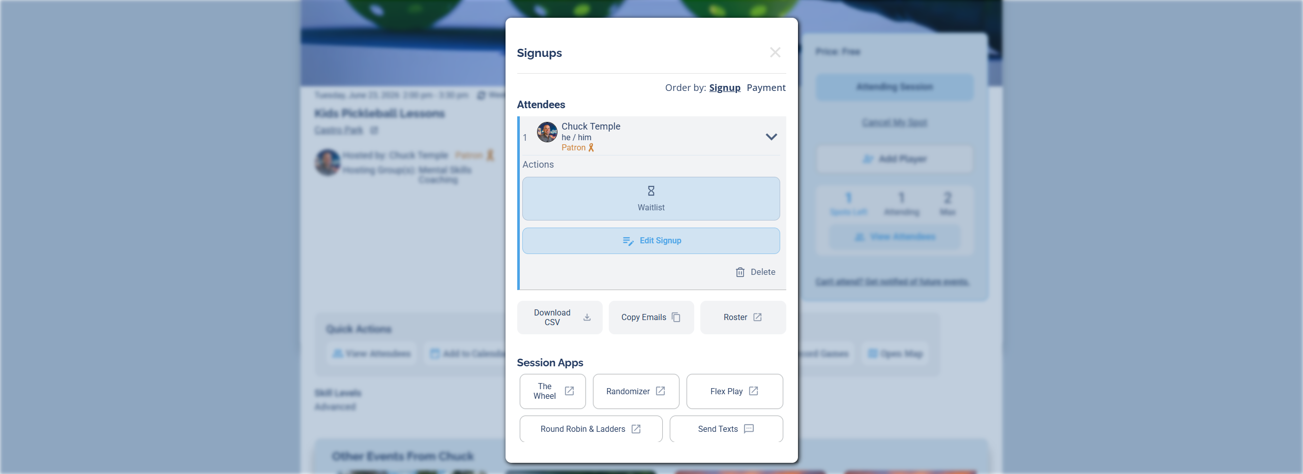 The expanded attendee row showing the Actions menu with Waitlist, Edit Signup, and Delete