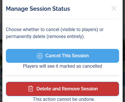 The Manage Session Status window showing the Cancel This Session and Delete and Remove Session buttons