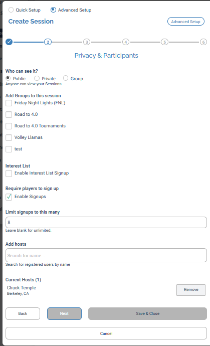 Step 2, Privacy and Participants: who can see it, add groups, interest list, enable signups, signup limit, and add hosts