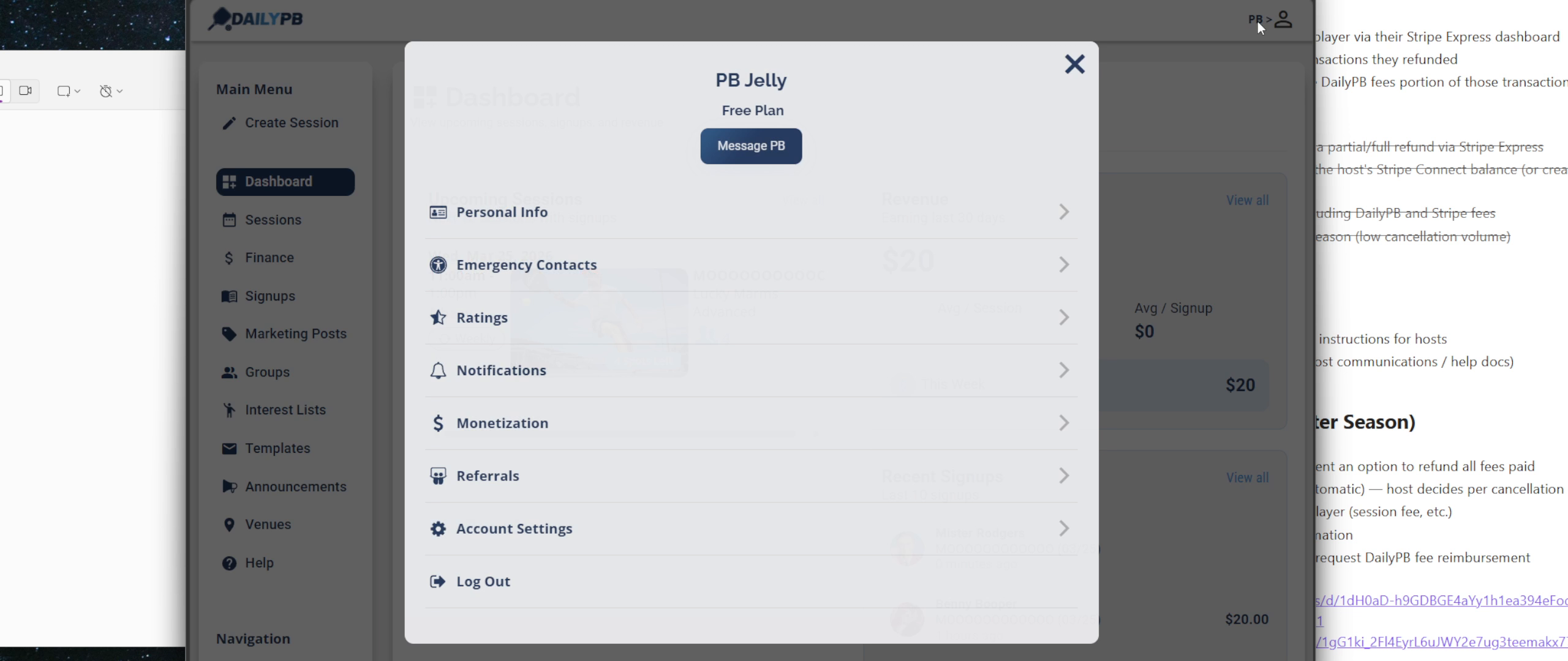 Profile menu open showing Monetization option