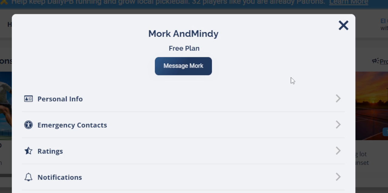 The profile menu showing options including Personal Info, Emergency Contacts, Ratings, and Notifications