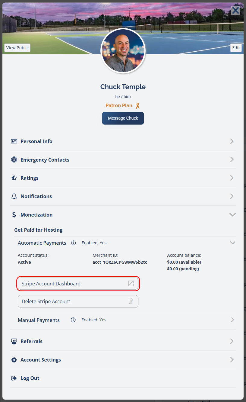 Automatic Payments expanded showing the Stripe Account Dashboard button