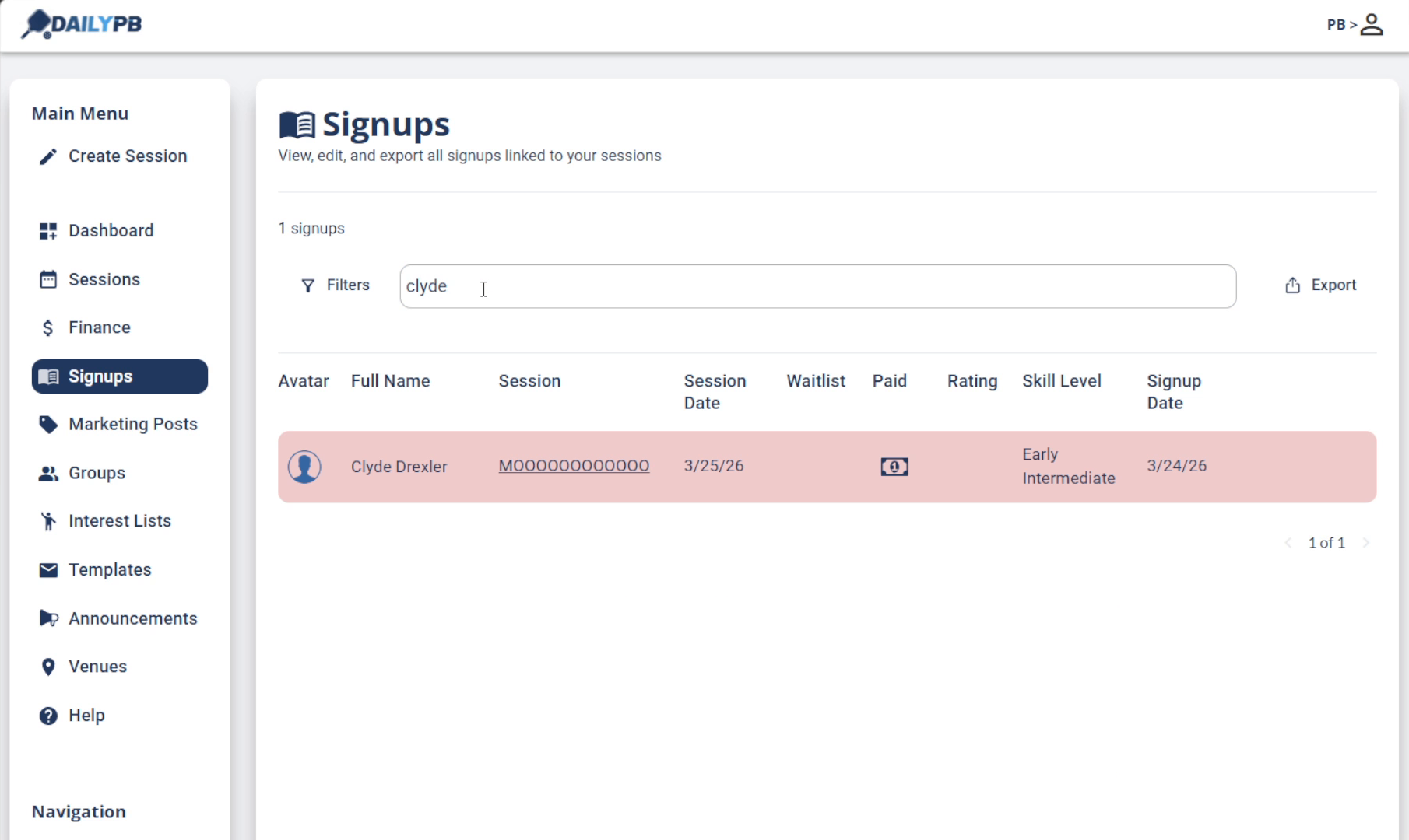 The Signups tab filtered to the removed player, shown highlighted in pink/red with a payment icon in the Paid column