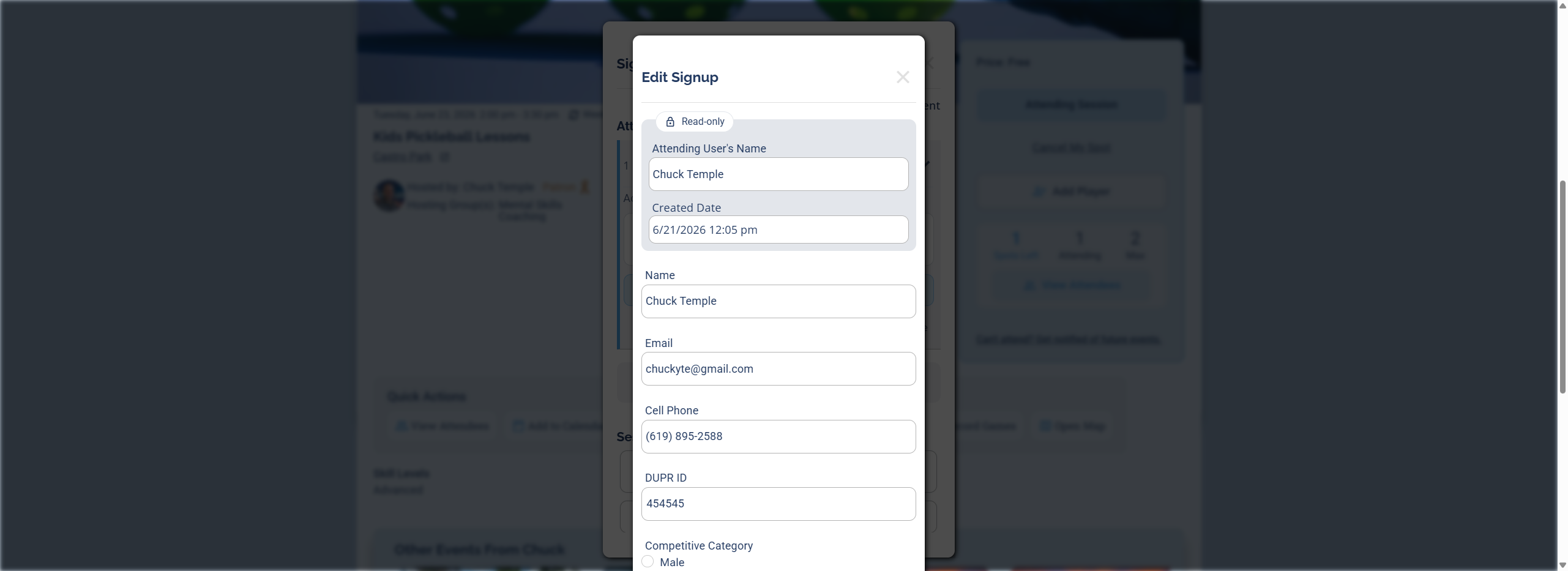 The Edit Signup window showing the editable Name, Email, Cell Phone, DUPR ID, and Competitive Category fields