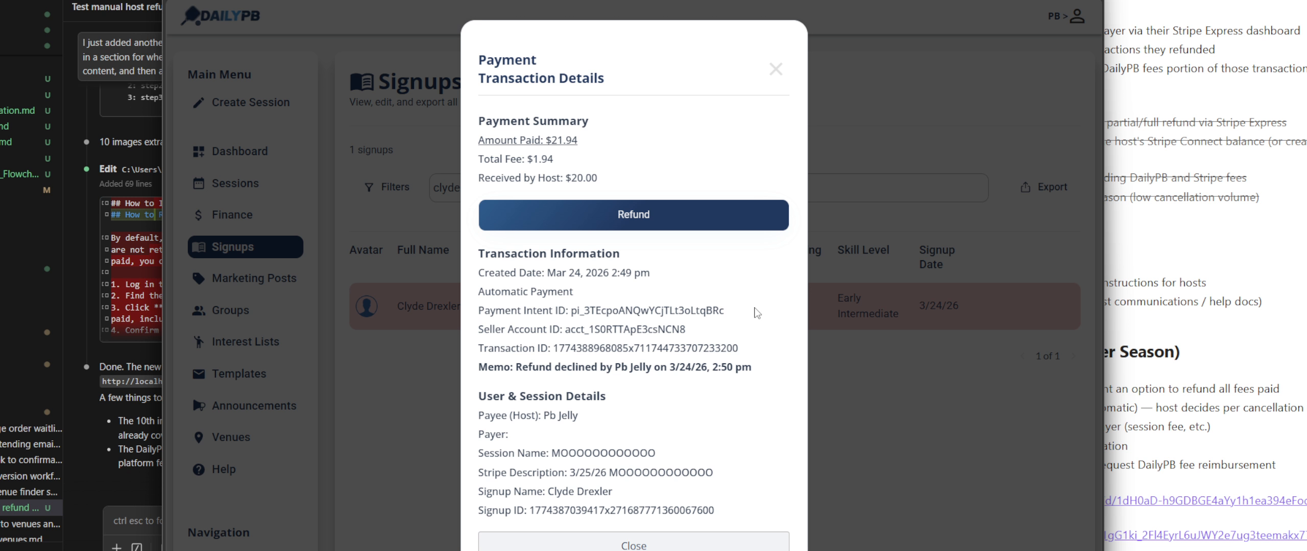 Payment transaction details panel with Refund button