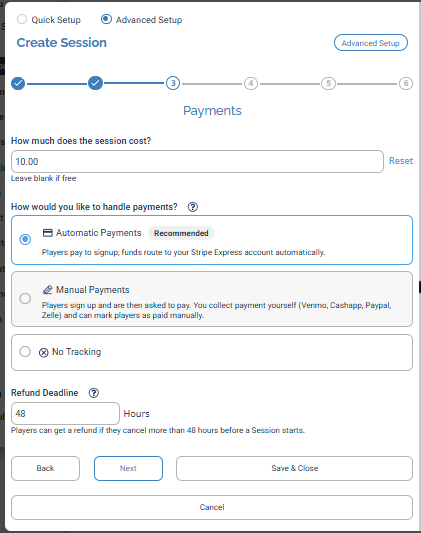 Step 3, Payments: session cost, the Automatic, Manual, and No Tracking options, and the refund deadline