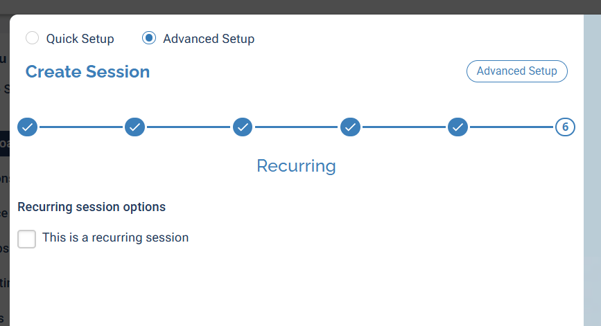 The sixth step of Advanced Setup, titled Recurring, with the recurring session option