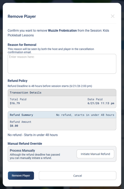 The Remove Player confirmation screen with a reason box and, for a paid player, a refund section