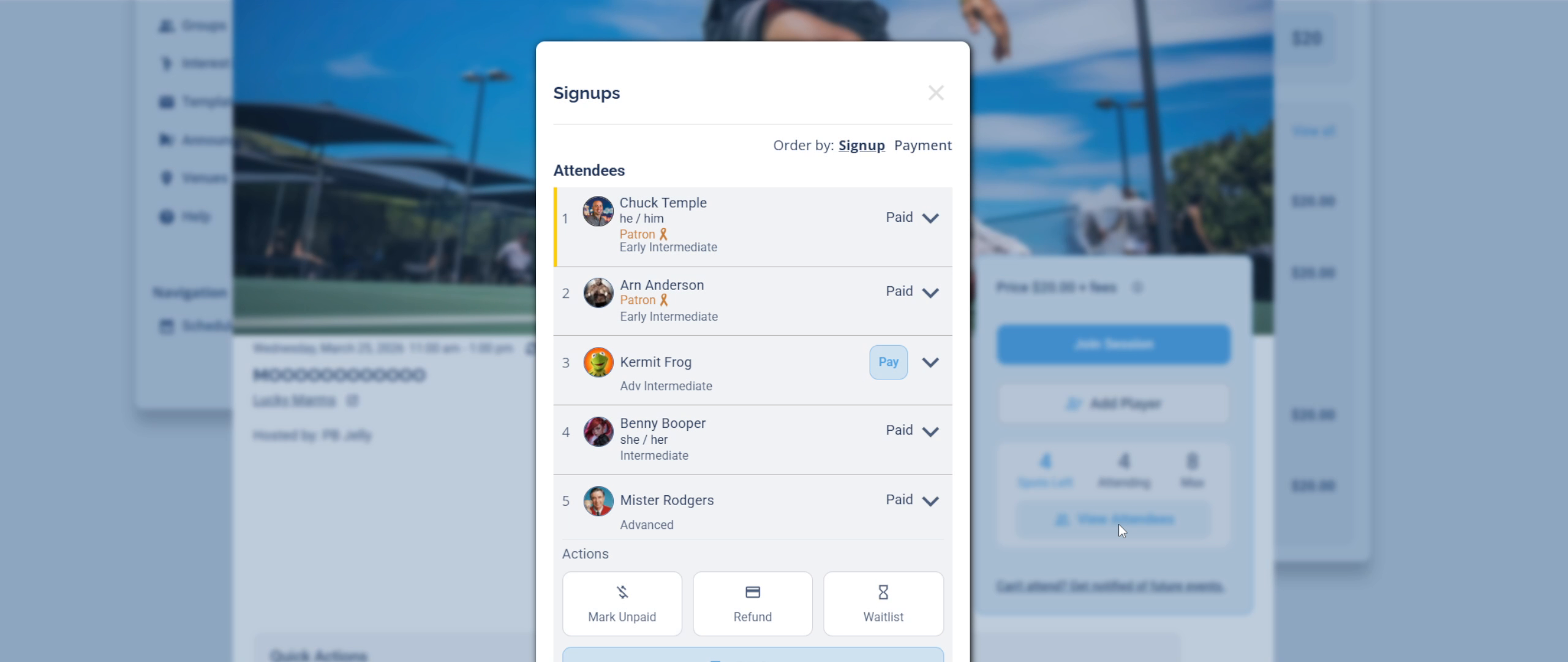 Signups panel showing list of attendees with Paid status