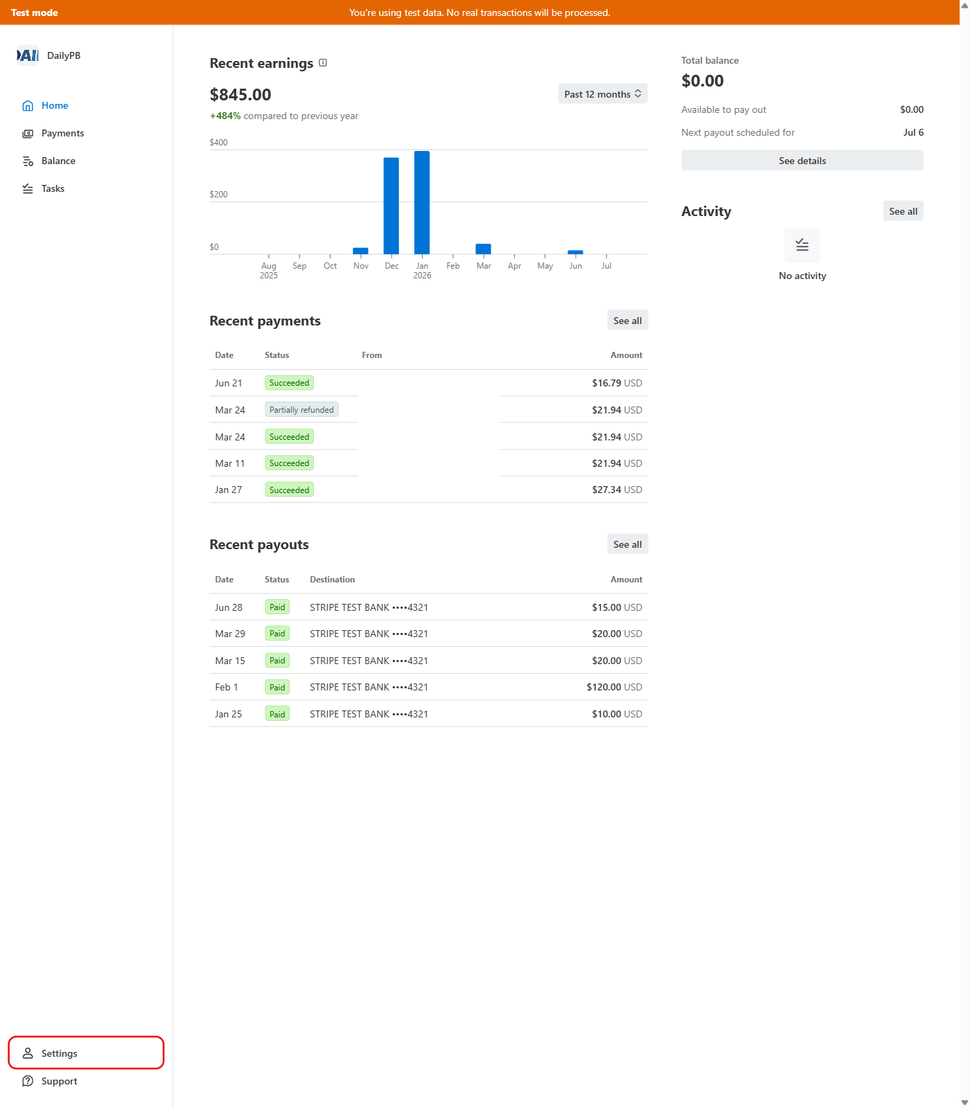 Stripe Express dashboard with the Settings link in the bottom-left of the sidebar