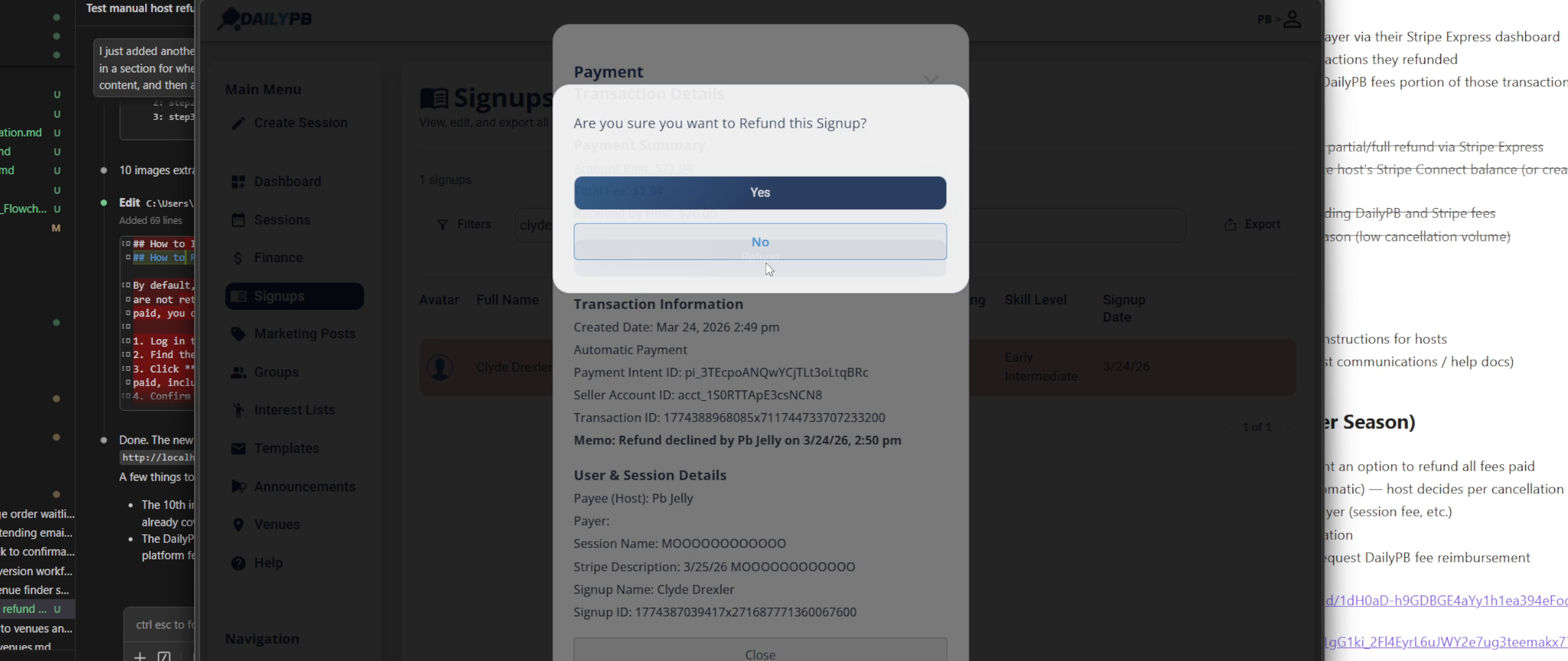 Refund confirmation dialog