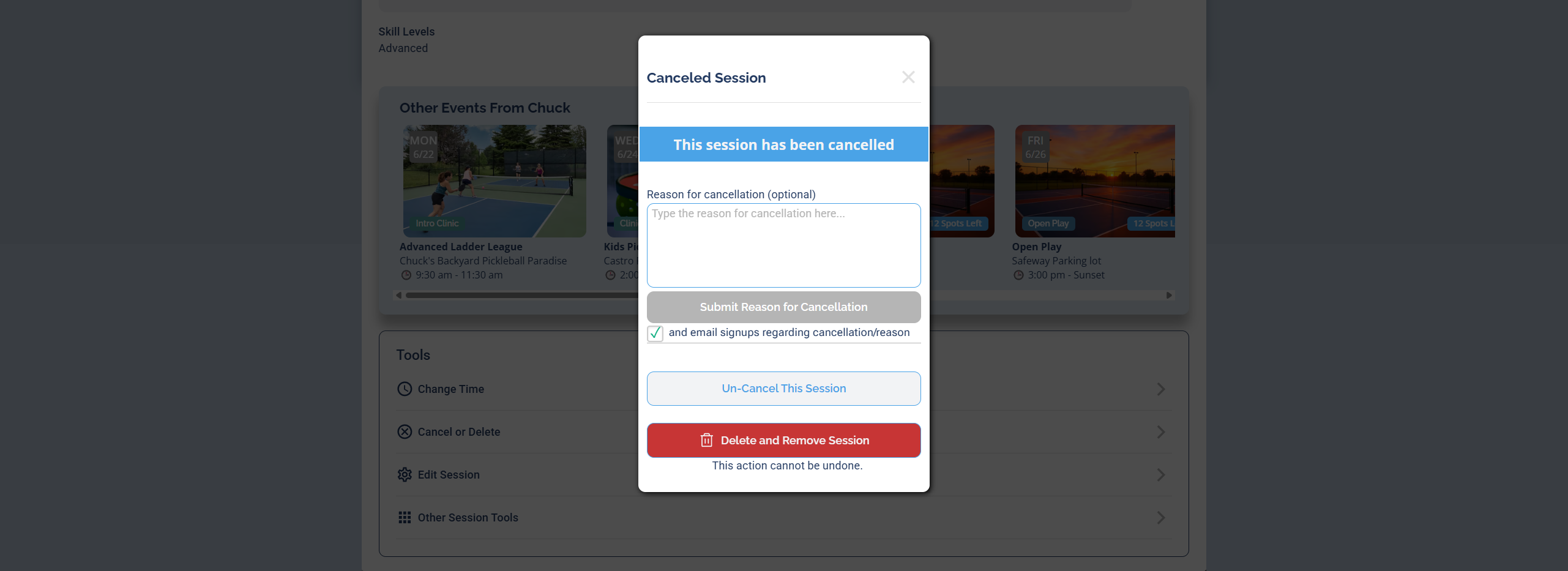 The Canceled Session window showing the Reason for cancellation box and the "and email signups regarding cancellation/reason" checkbox below the Submit Reason for Cancellation button