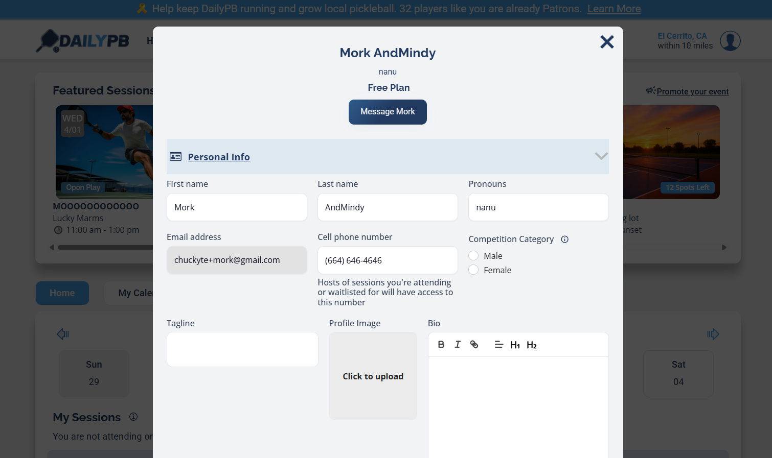 A close-up of the Profile Image upload area showing a dashed box with the text "Click to upload"