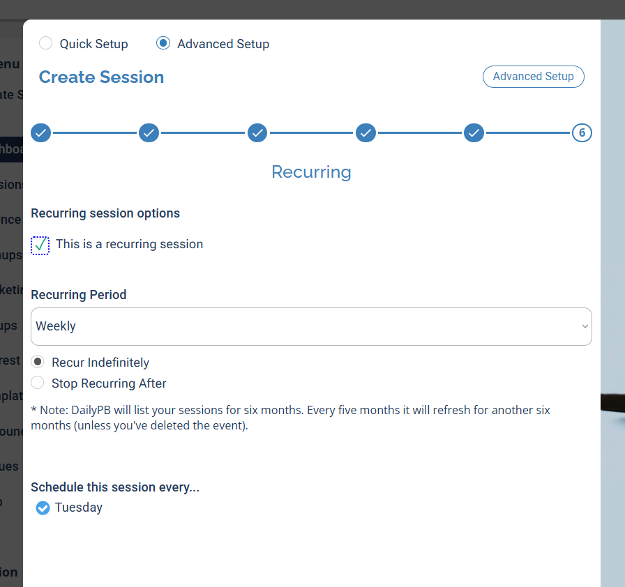 The Recurring step with "This is a recurring session" checked, Recurring Period set to Weekly, and Recur Indefinitely selected