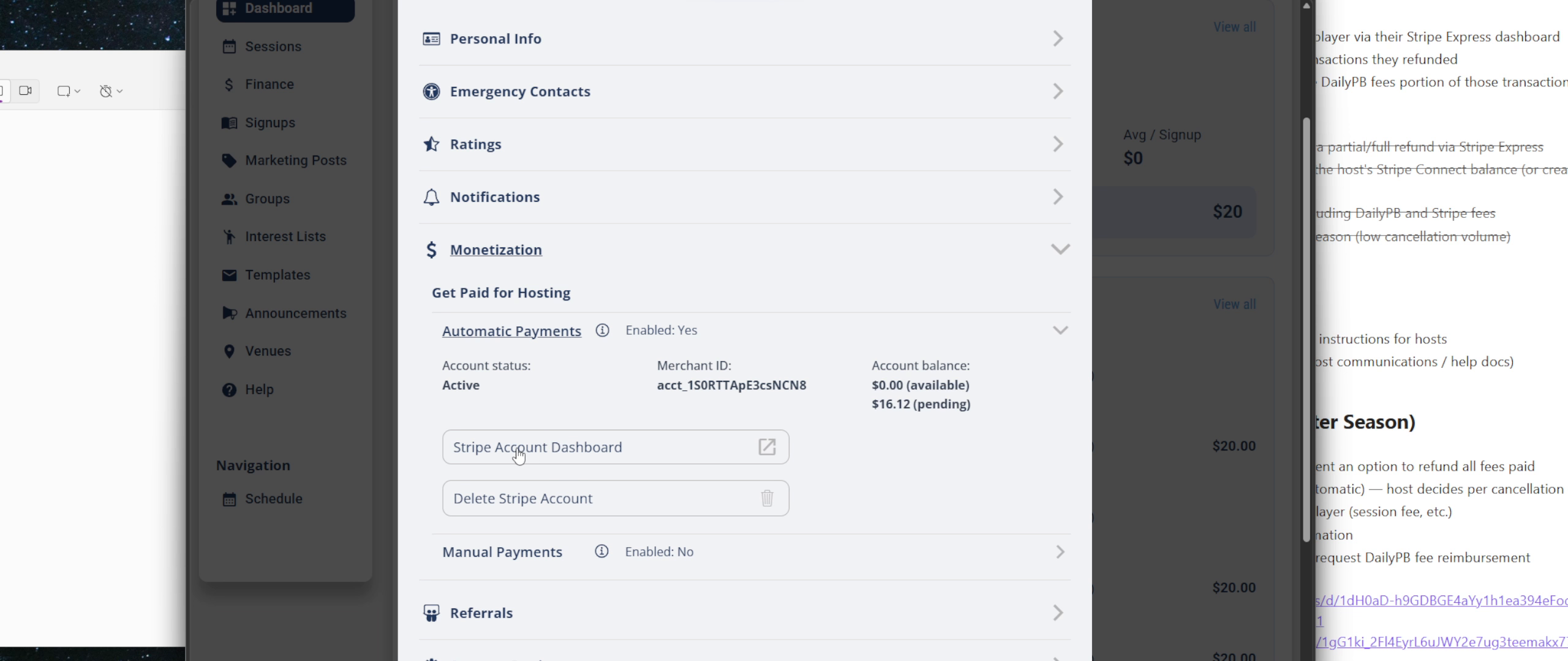 Automatic Payments section showing Stripe Account Dashboard button