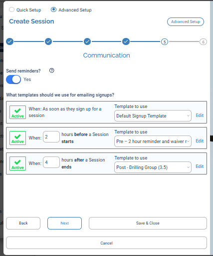 Step 5, Communication: the Send reminders toggle and the three email-template slots for signup, before, and after