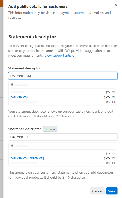 The Statement descriptor edit panel with the Statement descriptor and Shortened descriptor fields and a live preview