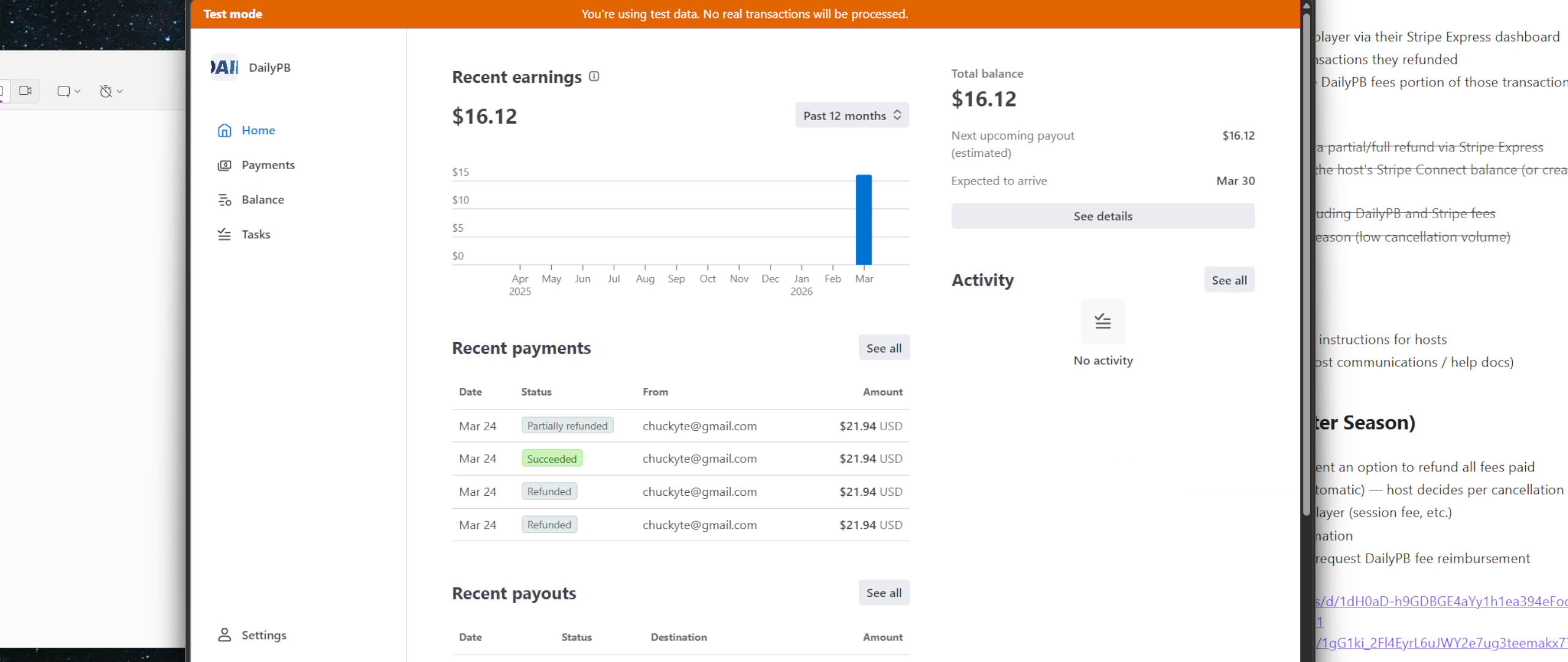 Stripe Express Dashboard showing Recent Payments list