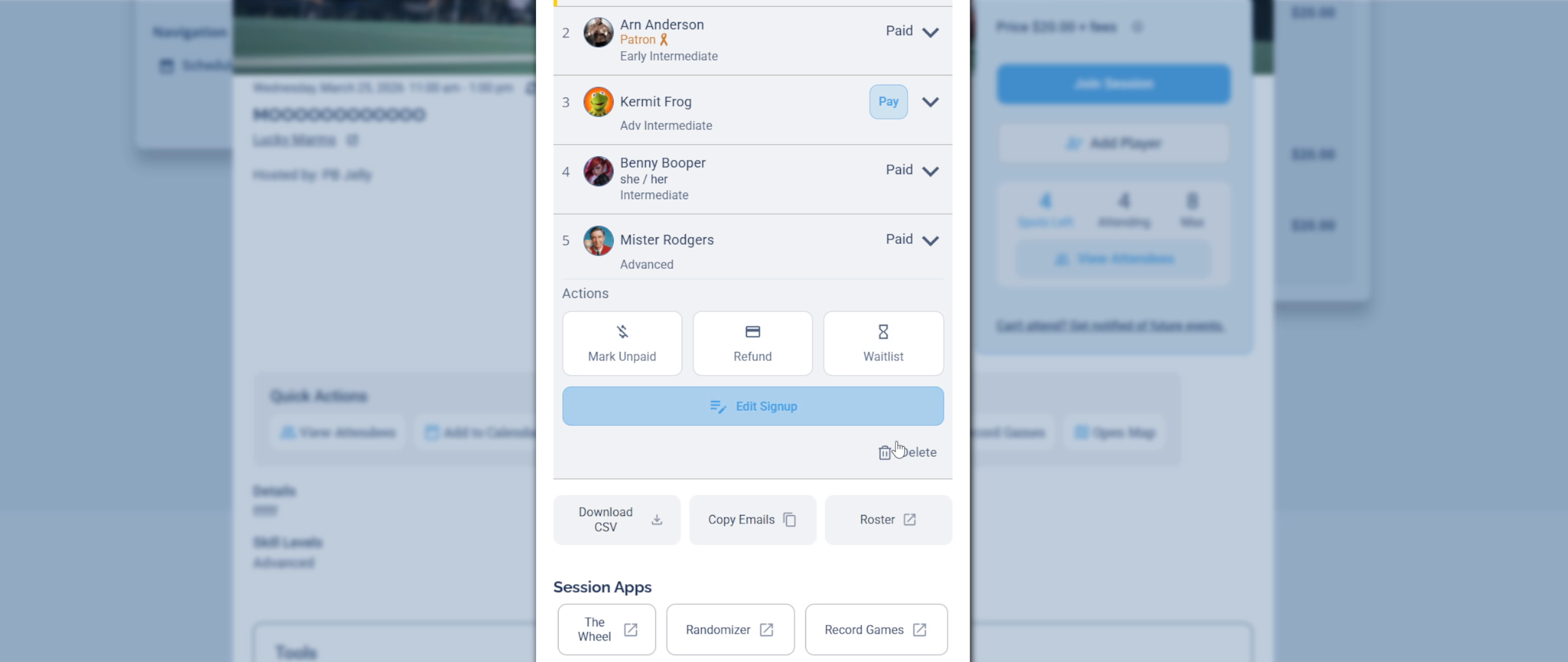 The expanded player row showing the Actions panel with Mark Unpaid, Refund, and Waitlist buttons
