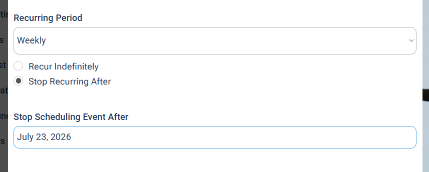 The Stop Recurring After option selected with a Stop Scheduling Event After date field