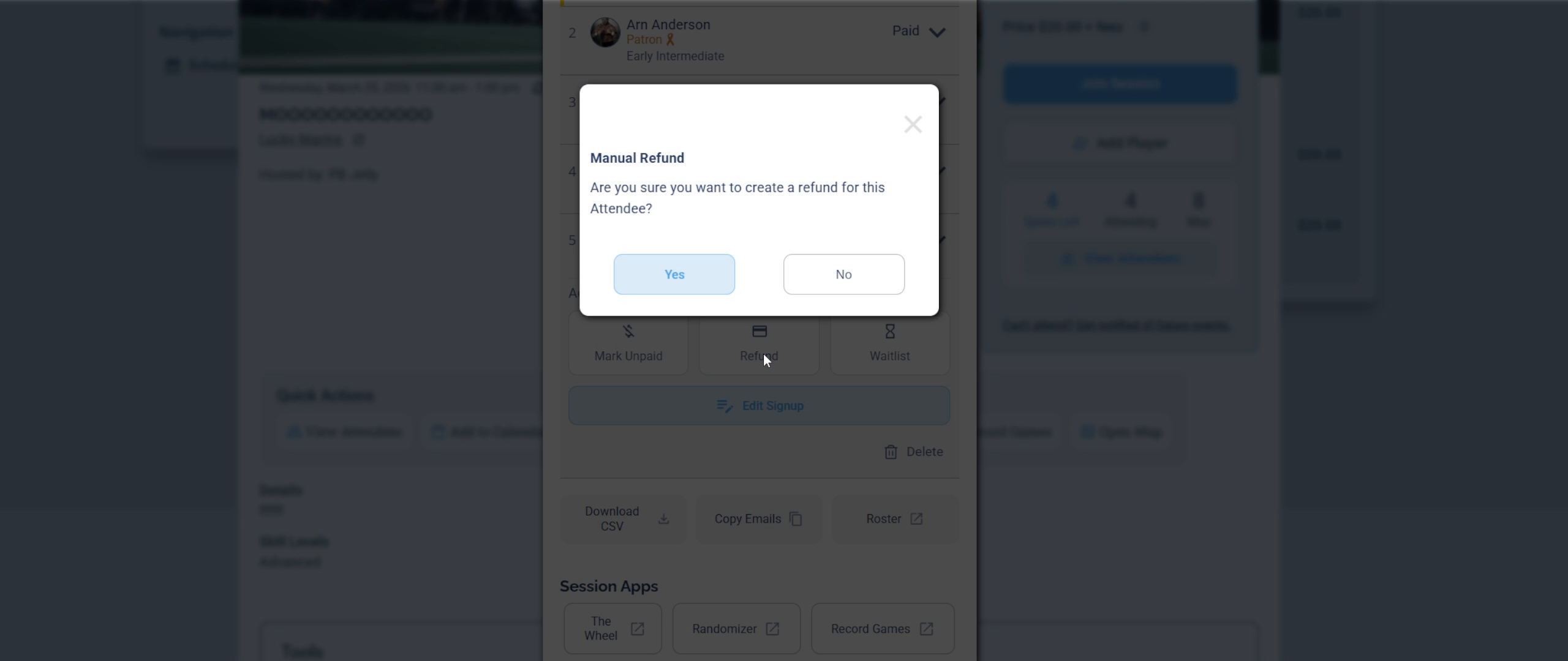 Manual Refund confirmation dialog with Yes and No buttons