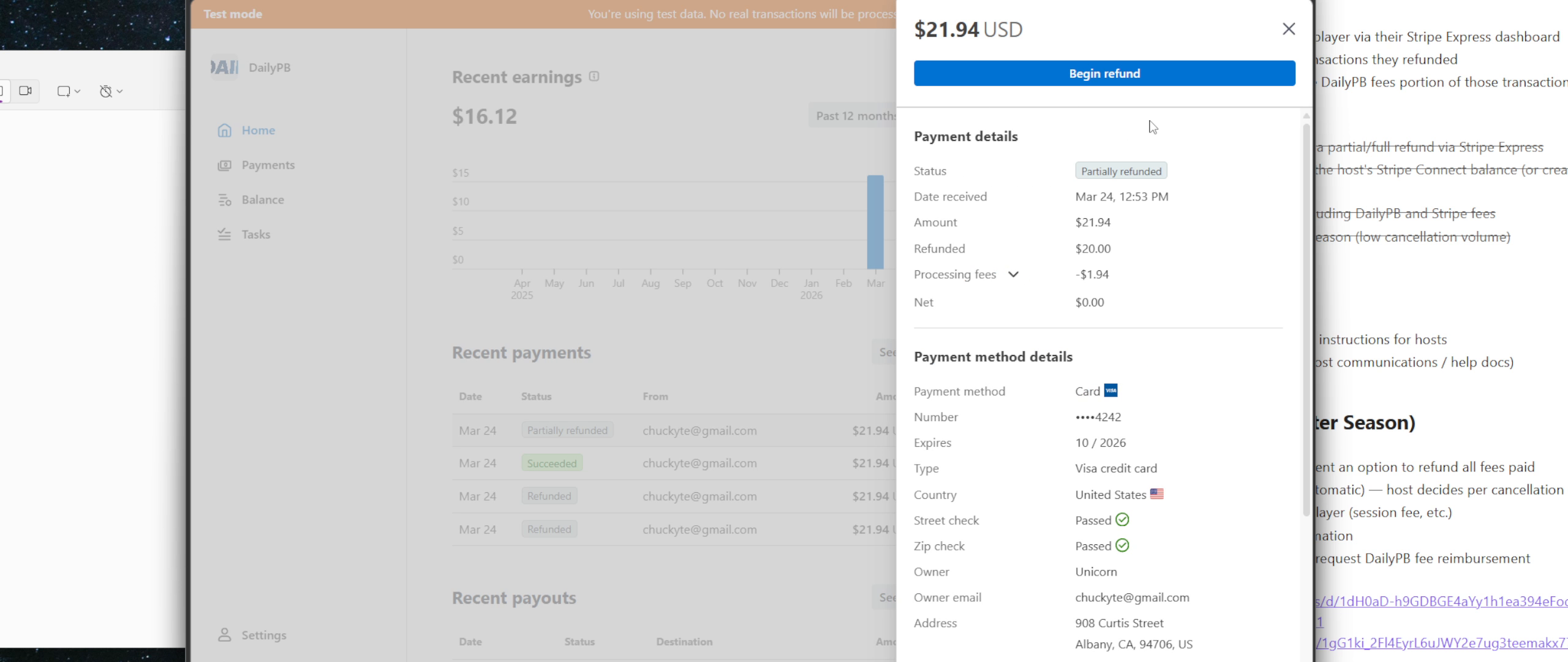 Payment detail panel showing partially refunded status and Begin refund button