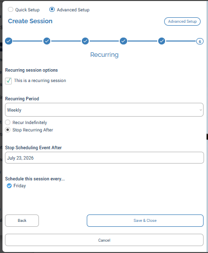 Step 6, Recurring: the recurring toggle, weekly period, recur indefinitely or stop after a date, and the day of the week