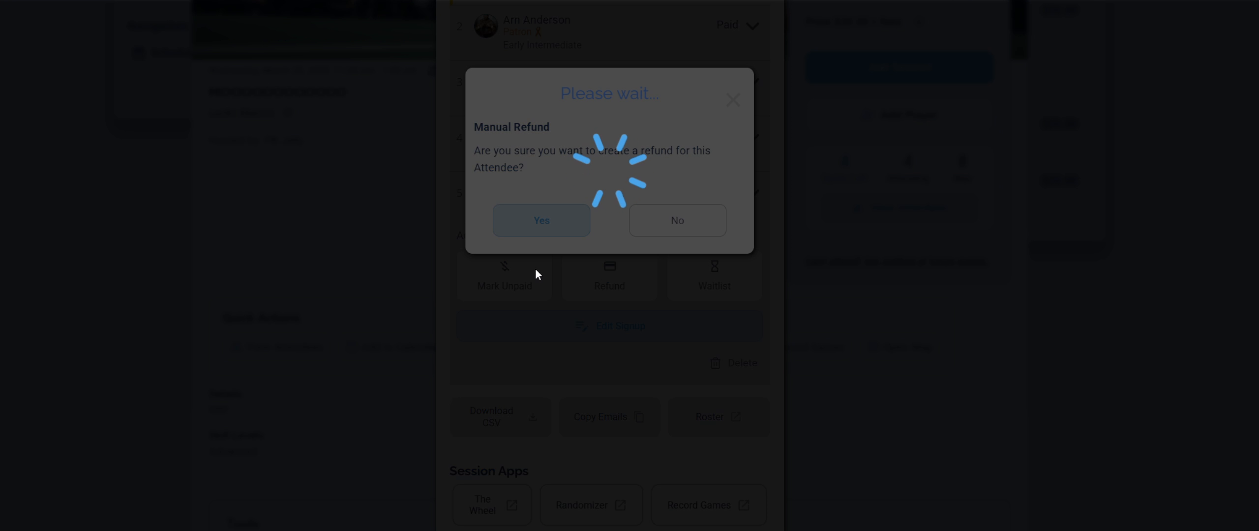 Please wait loading screen while refund is being processed