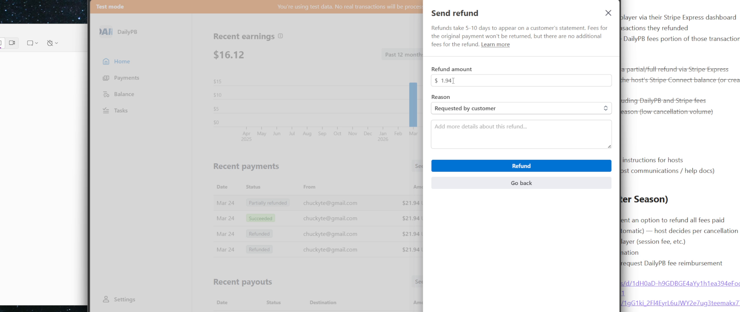 Send refund panel showing refund amount field and Reason dropdown
