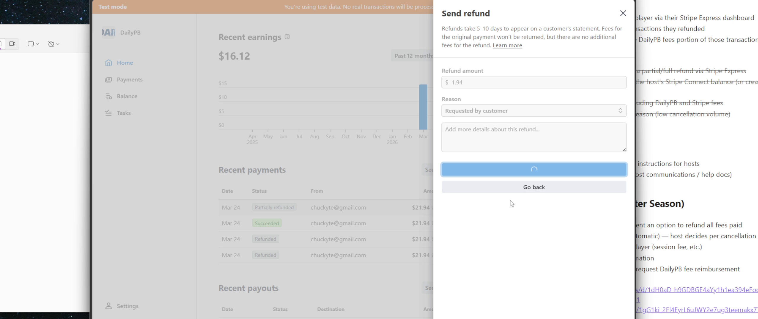 Send refund panel with loading spinner