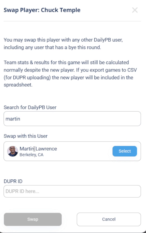 The Swap Player window with a name typed in the search box and a matching DailyPB user shown with a Select button.