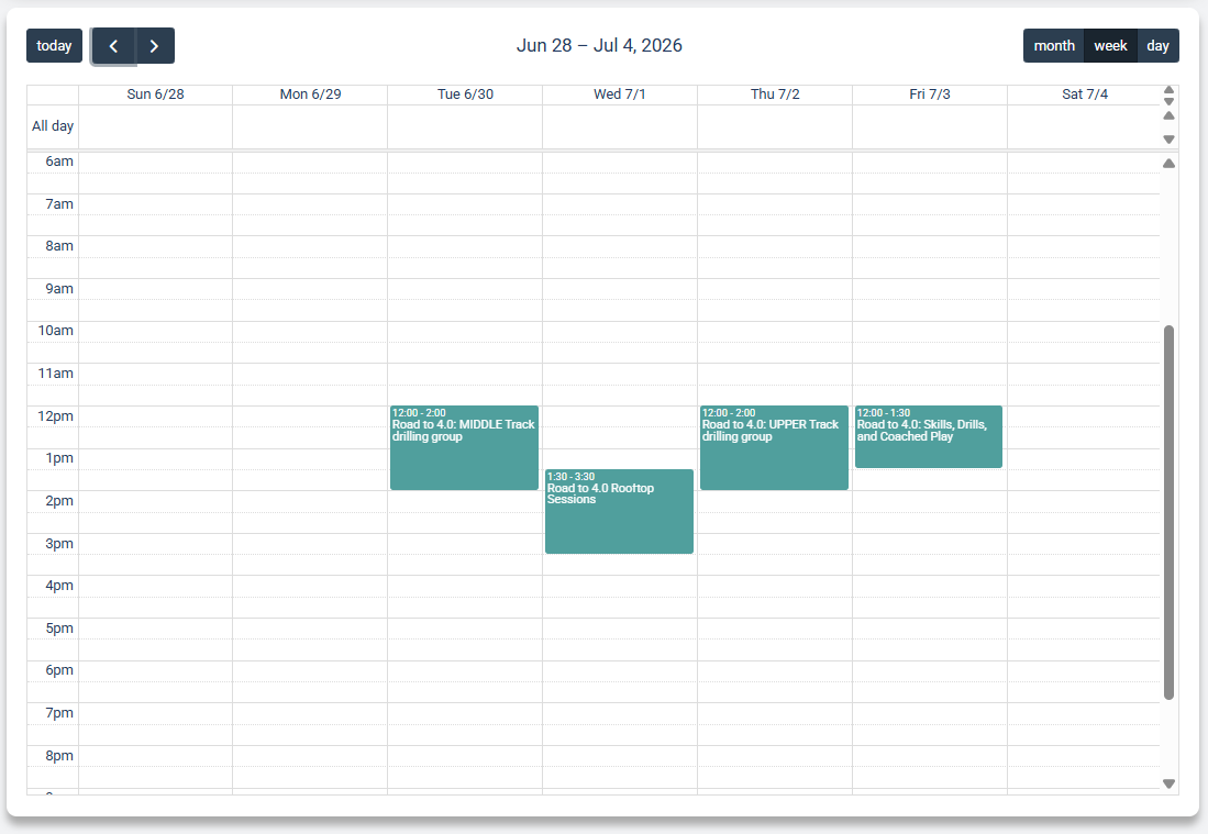 The group Calendar tab showing sessions in a week-view time grid with month, week, and day toggles