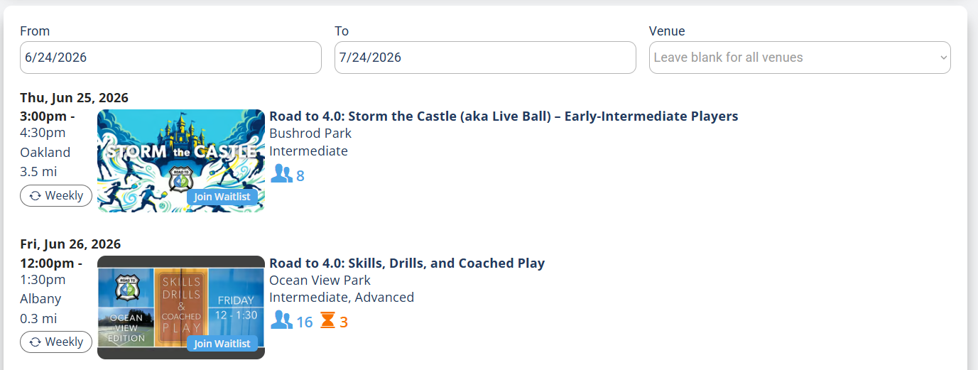 The group Sessions tab with From, To, and Venue filters and a list of sessions showing signup and waitlist counts