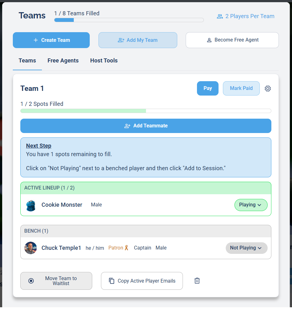 The Teams modal showing the Create Team, Add My Team, and Become Free Agent buttons; the Teams, Free Agents, and Host Tools tabs; and a team card with an Add Teammate button, an Active Lineup section, and a Bench section