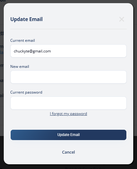 The Update Email dialog with Current email, New email, and Current password fields