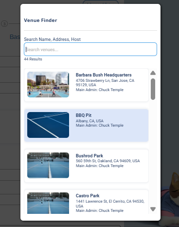 The Venue Finder popup with a search box and a list of venues to pick from