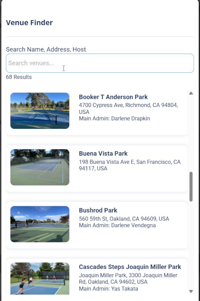 The Venue Finder window with a Search venues box, a count reading 68 Results, and a scrollable list of venues each showing a photo, name, address, and where listed a Main Admin