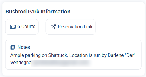 The venue Information section showing the number of courts, a Reservation Link button, and a Notes box with parking and contact details