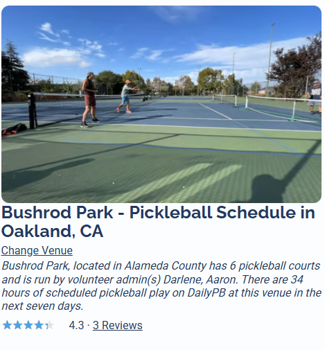 A DailyPB venue page header showing the court photo, the venue title, a Change Venue link, a short description with court and admin details, and a star rating with a review count